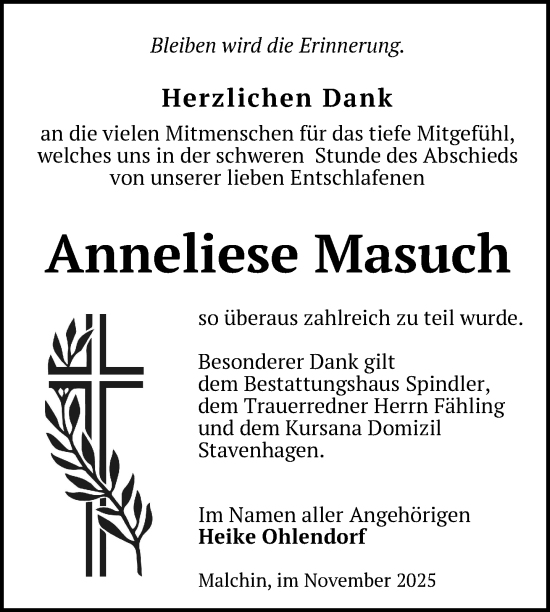 Traueranzeige von Anneliese Masuch von Nordkurier Mecklenburger Schweiz