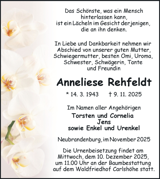 Traueranzeige von Anneliese Rehfeldt von Nordkurier Neubrandenburger Zeitung