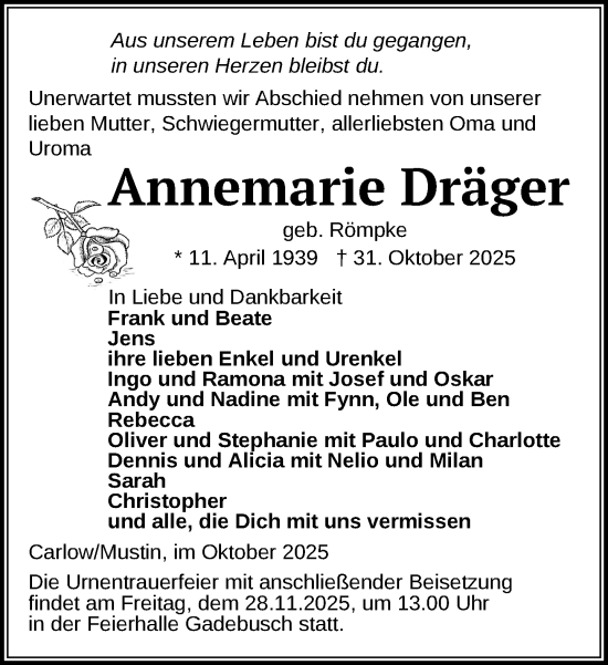 Traueranzeige von Annemarie Dräger von Gadebusch - Rehnaer Zeitung