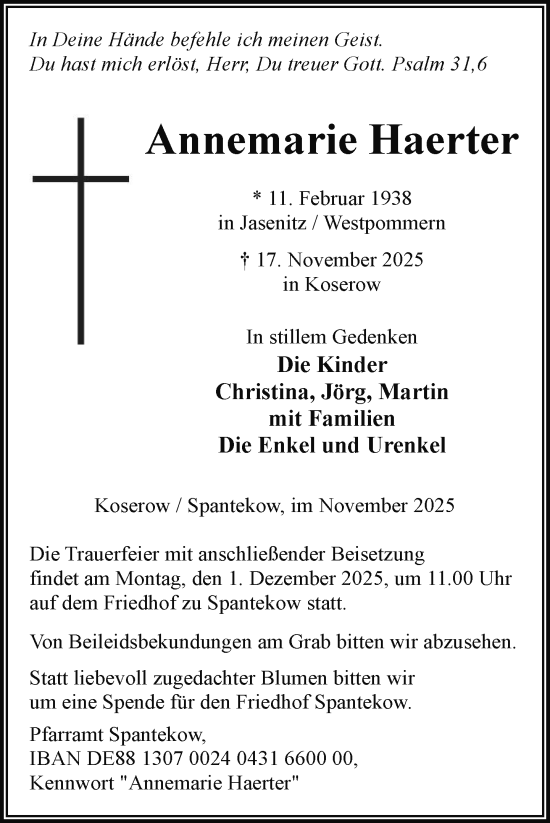 Traueranzeige von Annemarie Haerter von Nordkurier Pasewalker Zeitung