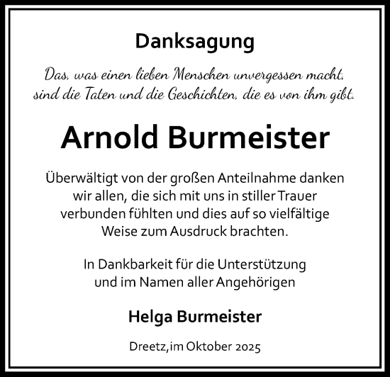 Traueranzeige von Arnold Burmeister von Güstrow und Bützow