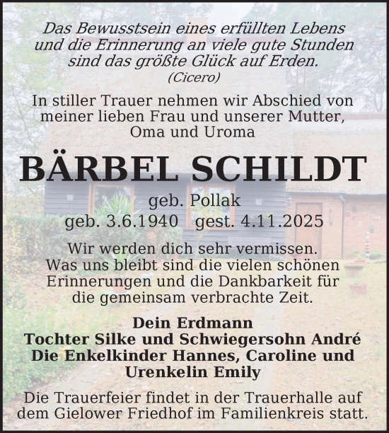 Traueranzeige von Bärbel Schildt von Nordkurier Mecklenburger Schweiz