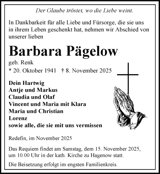 Traueranzeige von Barbara Pägelow von Hagenower Kreisblatt