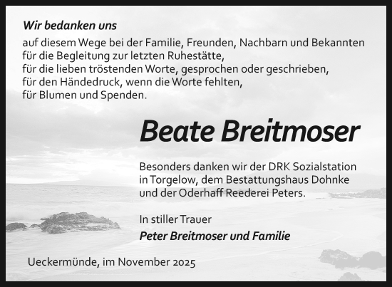 Traueranzeige von Beate Breitmoser von Nordkurier Haff-Zeitung