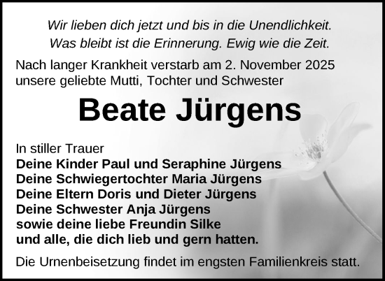 Traueranzeige von Beate Jürgens von Nordkurier Grosso