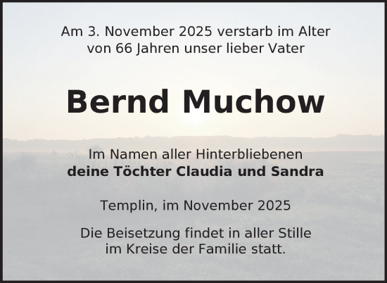 Traueranzeige von Bernd Muchow von Uckermark Kurier Templiner Zeitung