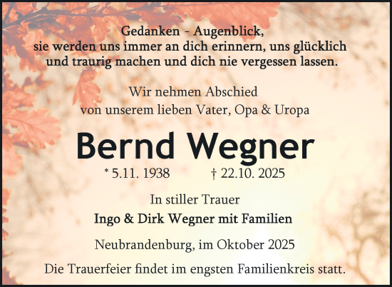 Traueranzeige von Bernd Wegner von Nordkurier Neubrandenburger Zeitung