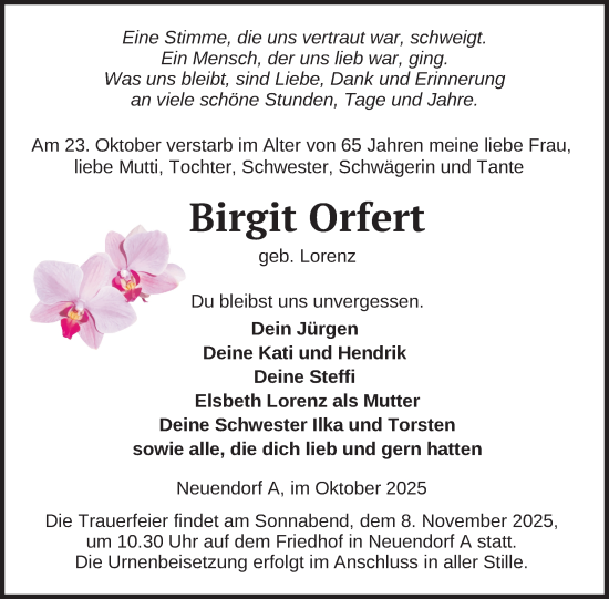 Traueranzeige von Birgit Orfert von Nordkurier Vorpommern Kurier
