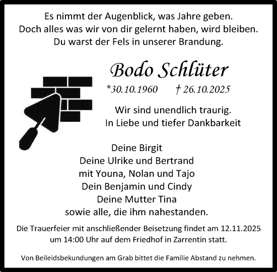 Traueranzeige von Bodo Schlüter von Hagenower Kreisblatt