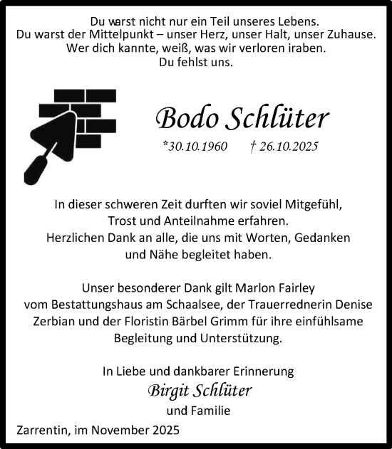 Traueranzeige von Bodo Schlüter von Hagenower Kreisblatt
