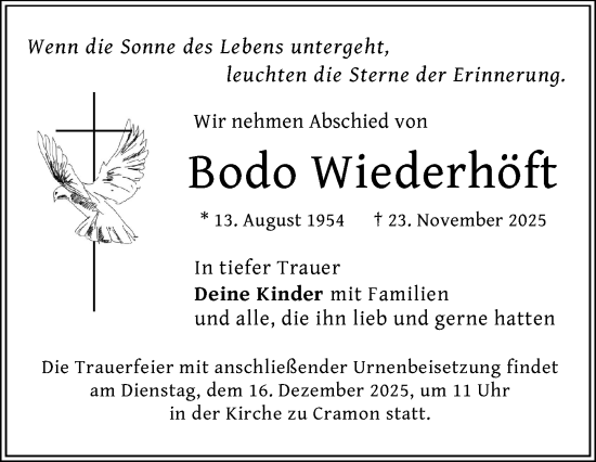Traueranzeige von Bodo Wiederhöft von Zeitung für die Landeshauptstadt