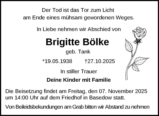 Traueranzeige von Brigitte Bölke von Uckermark Kurier Prenzlauer Zeitung