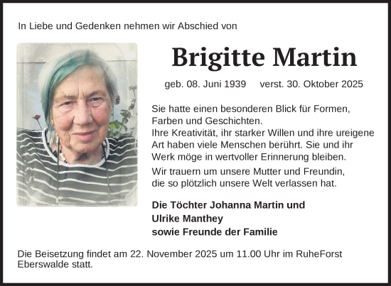 Traueranzeige von Brigitte Martin von Uckermark Kurier Templiner Zeitung