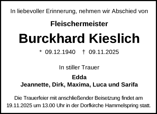 Traueranzeige von Burckhard Kieslich von Uckermark Kurier Templiner Zeitung