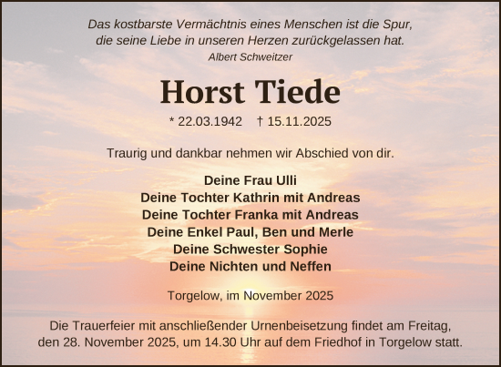 Traueranzeige von Horst Tiede von Nordkurier Haff-Zeitung