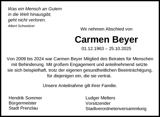 Traueranzeige von Carmen Beyer von Uckermark Kurier Prenzlauer Zeitung