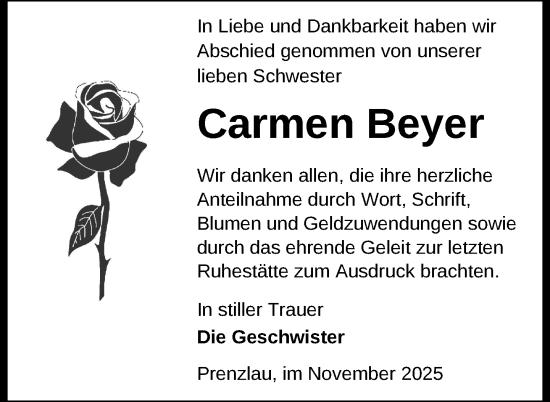 Traueranzeige von Carmen Beyer von Uckermark Kurier Prenzlauer Zeitung