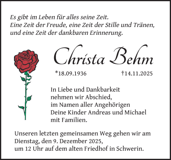 Traueranzeige von Christa Behm von Zeitung für die Landeshauptstadt