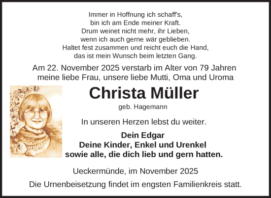 Traueranzeige von Christa Müller von Nordkurier Haff-Zeitung
