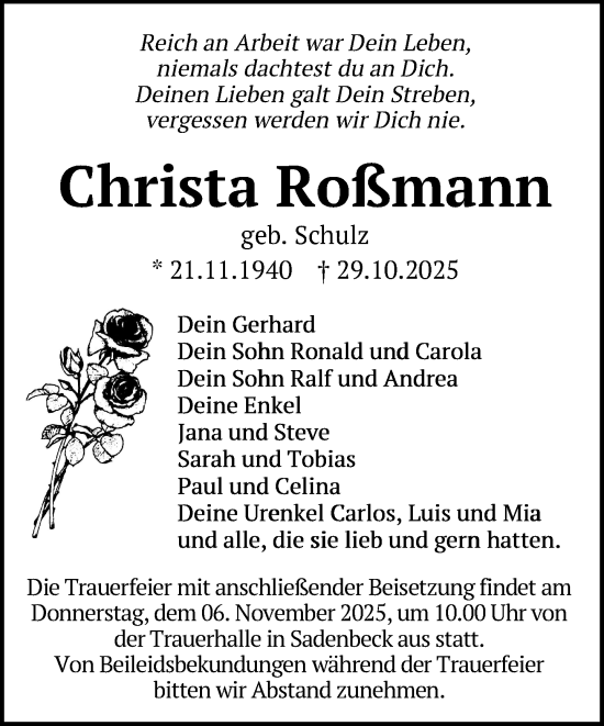 Traueranzeige von Christa Roßmann von Der Prignitzer, Prignitz Express