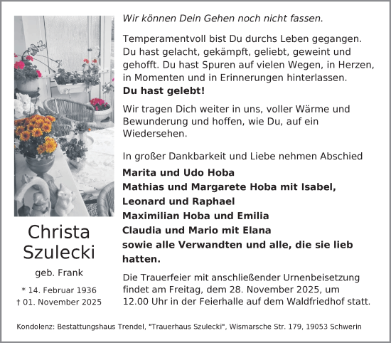 Traueranzeige von Christa Szulecki von Zeitung für die Landeshauptstadt