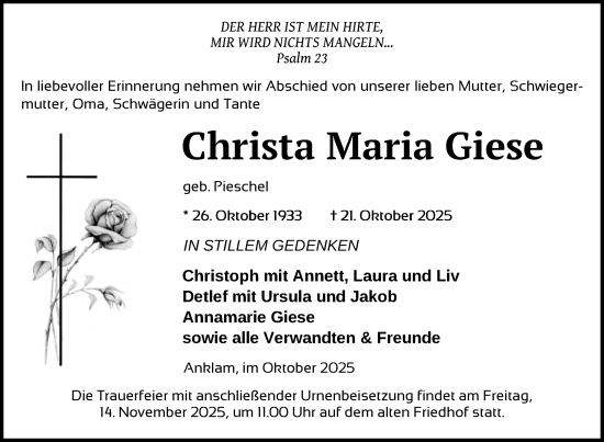 Traueranzeige von Christa Maria Giese von Nordkurier Vorpommern Kurier