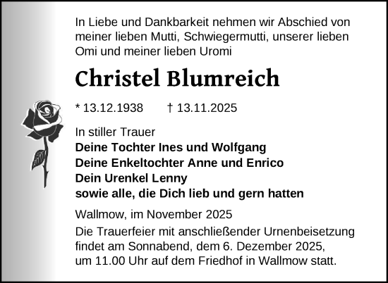 Traueranzeige von Christel Blumreich von Uckermark Kurier Prenzlauer Zeitung
