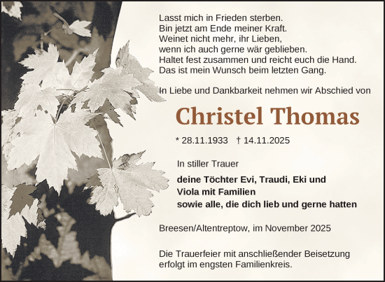 Traueranzeige von Christel Thomas von Nordkurier Neubrandenburger Zeitung