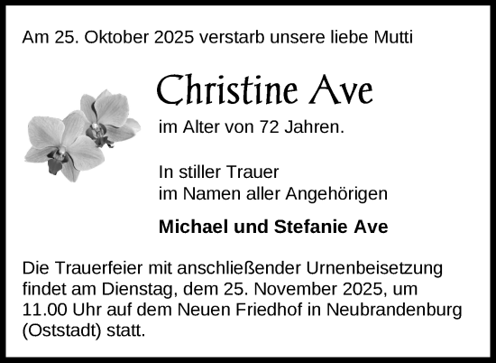 Traueranzeige von Christine Ave von Nordkurier Neubrandenburger Zeitung