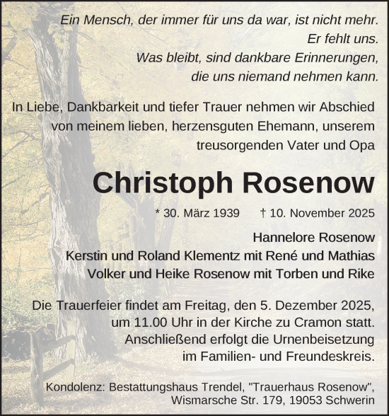 Traueranzeige von Christoph Rosenow von Zeitung für die Landeshauptstadt