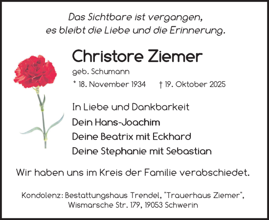 Traueranzeige von Christore Ziemer von Zeitung für die Landeshauptstadt