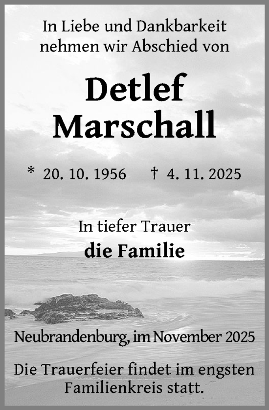 Traueranzeige von Detlef Marschall von Nordkurier Neubrandenburger Zeitung
