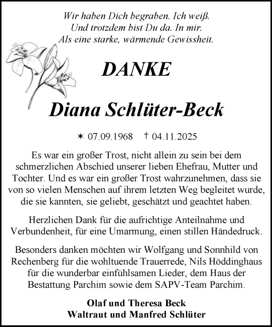 Traueranzeige von Diana Schlüter-Beck von Parchim und Lübz