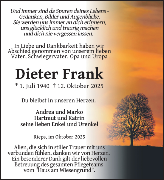 Traueranzeige von Dieter Frank von Gadebusch - Rehnaer Zeitung