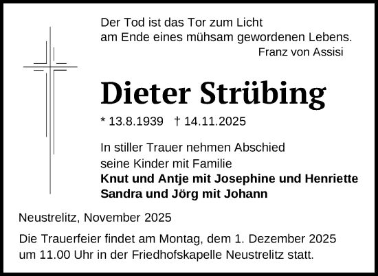 Traueranzeige von Dieter Strübing von Nordkurier Grosso