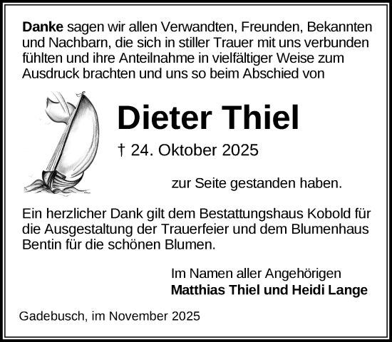 Traueranzeige von Dieter Thiel von Gadebusch - Rehnaer Zeitung