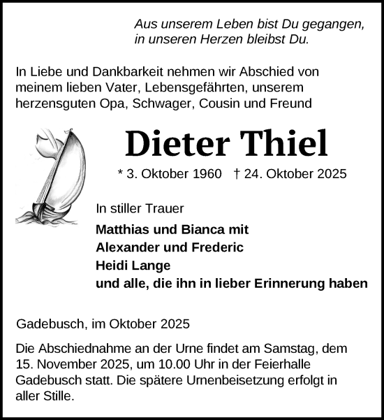 Traueranzeige von Dieter Thiel von Gadebusch - Rehnaer Zeitung
