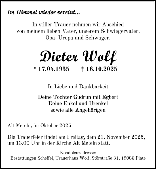 Traueranzeige von Dieter Wolf von Zeitung für die Landeshauptstadt