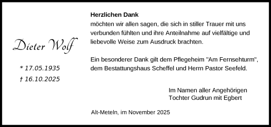 Traueranzeige von Dieter Wolf von Zeitung für die Landeshauptstadt