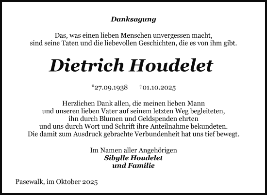 Traueranzeige von Dietrich Houdelet von Nordkurier Pasewalker Zeitung