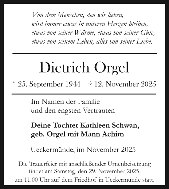 Traueranzeige von Dietrich Orgel von Nordkurier Haff-Zeitung