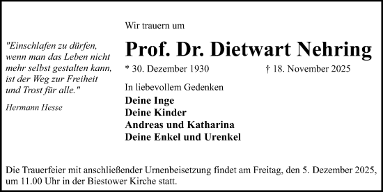 Traueranzeige von Dietwart Nehring von Norddeutsche Neueste Nachrichten