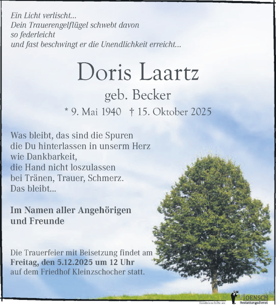 Traueranzeige von Doris Laartz von Nordkurier Strelitzer Zeitung