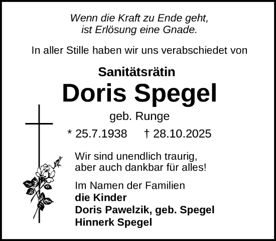 Traueranzeige von Doris Spegel von Zeitung für die Landeshauptstadt
