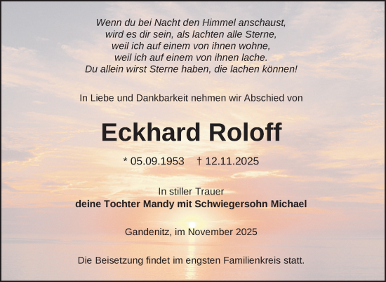 Traueranzeige von Eckhard Roloff von Uckermark Kurier Templiner Zeitung