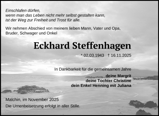 Traueranzeige von Eckhard Steffenhagen von Nordkurier Mecklenburger Schweiz