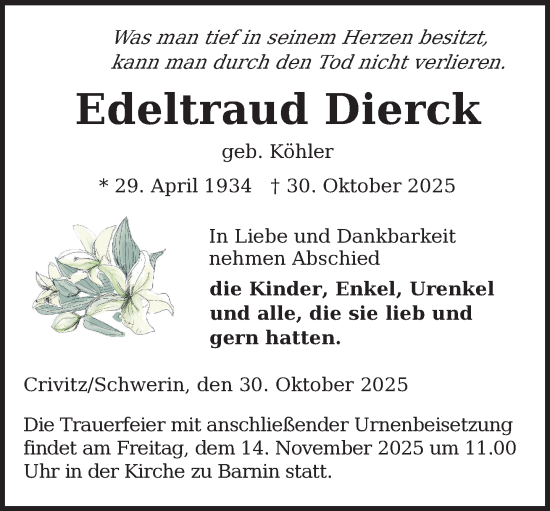 Traueranzeige von Edeltraud Dierck von Zeitung für die Landeshauptstadt