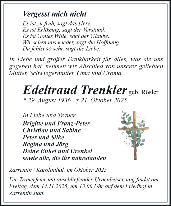 Traueranzeige von Edeltraud Trenkler von Hagenower Kreisblatt