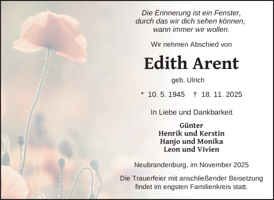 Traueranzeige von Edith Arent von Nordkurier Neubrandenburger Zeitung