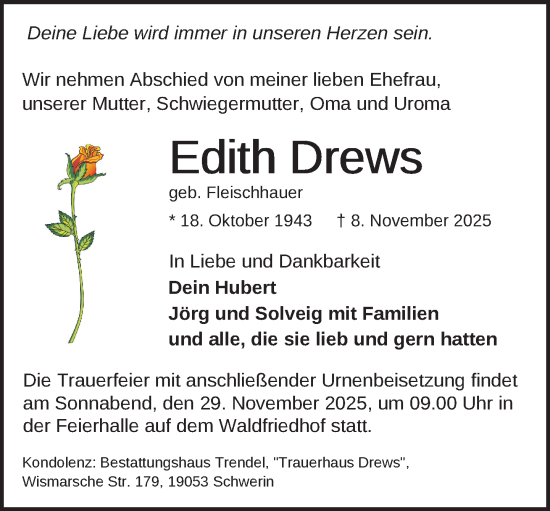 Traueranzeige von Edith Drews von Zeitung für die Landeshauptstadt